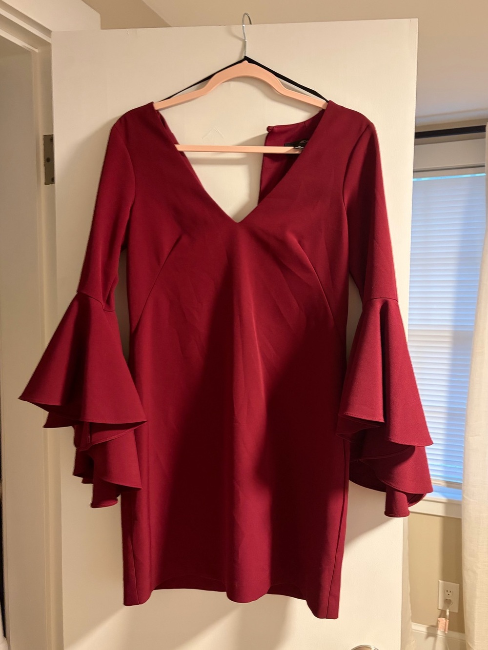 Adam Deep V-Neck Burgundy Tiered Bell Sleeve Dress